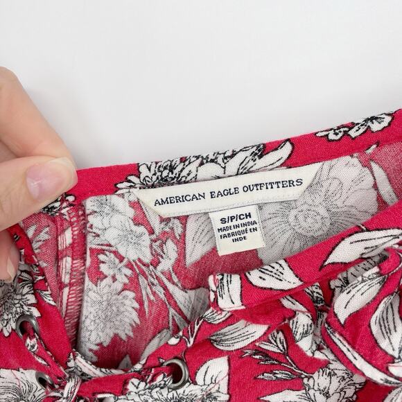 American Eagle Red Ruffle Hawaiian Lace Up Low Back Floral Sundress Small V Neck - Picture 2 of 9